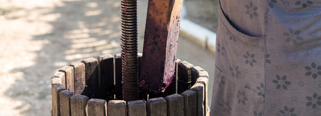 Winepress with red must and helical screw. Production of traditional Italian wines, crushing of grapes.