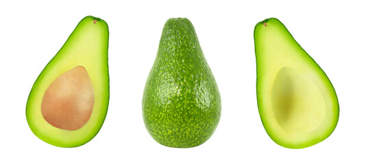 Avocado whole and half cut, with and without seeds inside isolated on a white background with clipping path. Set of parts.