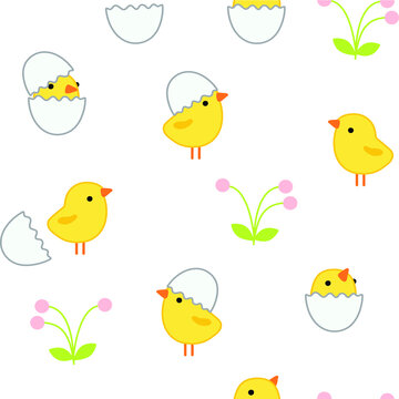Easter delicate seamless pattern with cute little yellow chicks in cracked eggs and egg shell, flowers isolated on white  background. Vector doodle chickens for birthday, easter decoration.