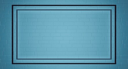 Rectangle frame on a brick wall. Template frame sign. Monochrome colors. Blue brick wall background. 3d illustration.