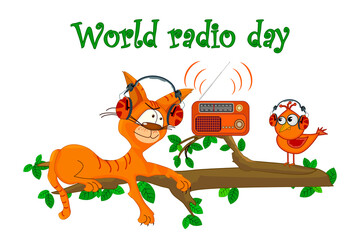 Obraz na płótnie Canvas Cat and bird with radio isolated on white background. Cat with bird listening music on the tree branch. World radio day.Retro radio and comic animals. FM recorder for information broadcasting.Vector