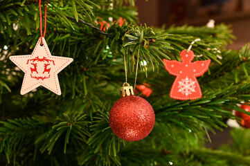 Christmas tree with decoration ornaments bauble and lights