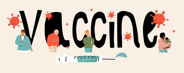 Lettering with set of elements for medical decor on the topic of vaccination against coronavirus. Vector flat text on beige background. Different people waiting for the vaccine. Covid-19, viruses.