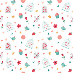 Fototapeta na wymiar Romantic seamless pattern with sweets, birds and hearts. Valentine's Day Background. Trendy design concept for fashion textile print, wrapping and valentines day. Hand drawn flat vector illustration.