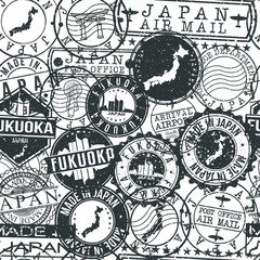 Fukuoka Japan Stamps Background. City Stamp Vector Art. Postal Passport Travel. Design Set Pattern.