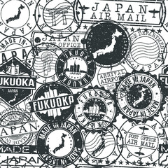 Fototapeta premium Fukuoka Japan Stamps Background. City Stamp Vector Art. Postal Passport Travel. Design Set Pattern.