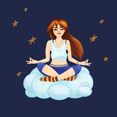 A cute girl sits in a lotus position and meditates with her eyes closed. Digital cartoon illustration for cards or print.
