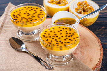 .Passion fruit mousse. Refreshing dessert with fresh passion fruit topping