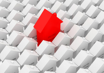 Rows of white houses with one unique red house icon. 3d illustration 