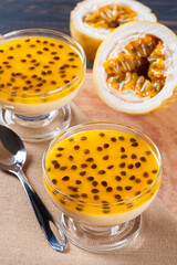 .Passion fruit mousse. Refreshing dessert with fresh passion fruit topping