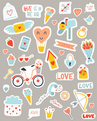 Set of love cartoon stickers with hearts. Hand drawn elements for Valentine's day or wedding. Cute doodle llustration with love letter, cloud, heart, arrows and hand written text. Decoration elements