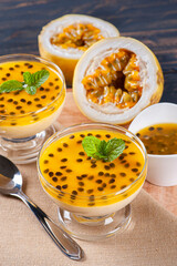 .Passion fruit mousse. Refreshing dessert with fresh passion fruit topping