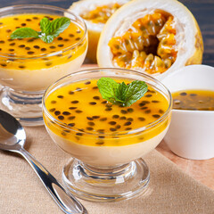 .Passion fruit mousse. Refreshing dessert with fresh passion fruit topping
