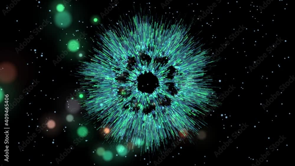 Poster isolated black background. abstract particles of real fireworks, top view. green lines futuristic te