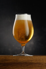 Glass of light beer on dark background. Detail of lager beer with foam head. Selective focus