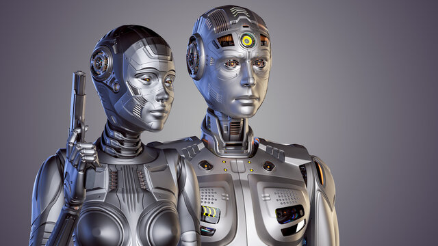 3d render of two futuristic robots man and woman or humanoid cyborgs standing near each other. Female robot holds a gun. Upper body isolated on color background