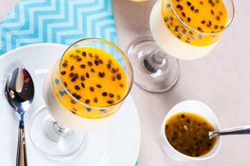 .Passion fruit mousse. Refreshing dessert with fresh passion fruit topping