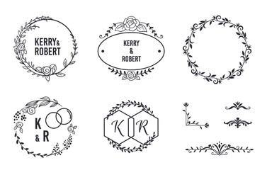 Wedding elegant monograms. Round frames and decorative corners for invitation and greeting card. Classic outlines with names of bride and groom. Filigree contour floral elements, vector monochrome set