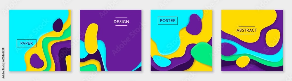 Aufkleber Square paper cut posters. 3D origami banners. Bright minimal multilayer shapes. Colorful abstract design with lettering and copy space. Decorative layered texture effect. Vector web templates set