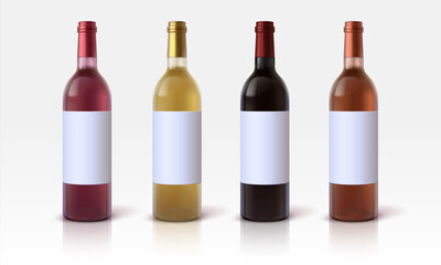 Realistic wine bottles. 3D glass containers mockup with blank labels for marketing branding and presentation. Vector bottles for alcoholic beverages, red and white grape drinks, vector isolated set