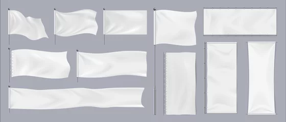Fotobehang Realistic textile banners. 3D blank waving cotton flags. Empty fabric signboards for advertising. White canvas hanging on chrome stand. Horizontal or vertical pennants for brand identity, vector set © SpicyTruffel