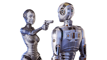 3d render of futuristic robot woman or cybernetic girl threatening or pointing a gun against robot man. Upper bodies isolated on white background