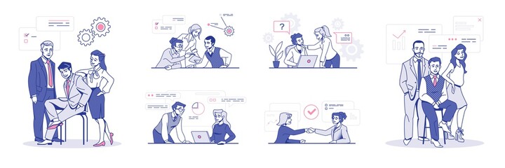 Office team. Businessmen working together, young successful workers. People negotiating and communicating. Effective teamwork or business meeting. Employees brainstorming. Workflow concept, vector set