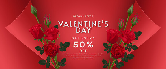 Valentine's day sale background with rose on red paper cut. Can be used for wallpaper, flyers, invitation, posters, brochure, banners. Vector illustration.