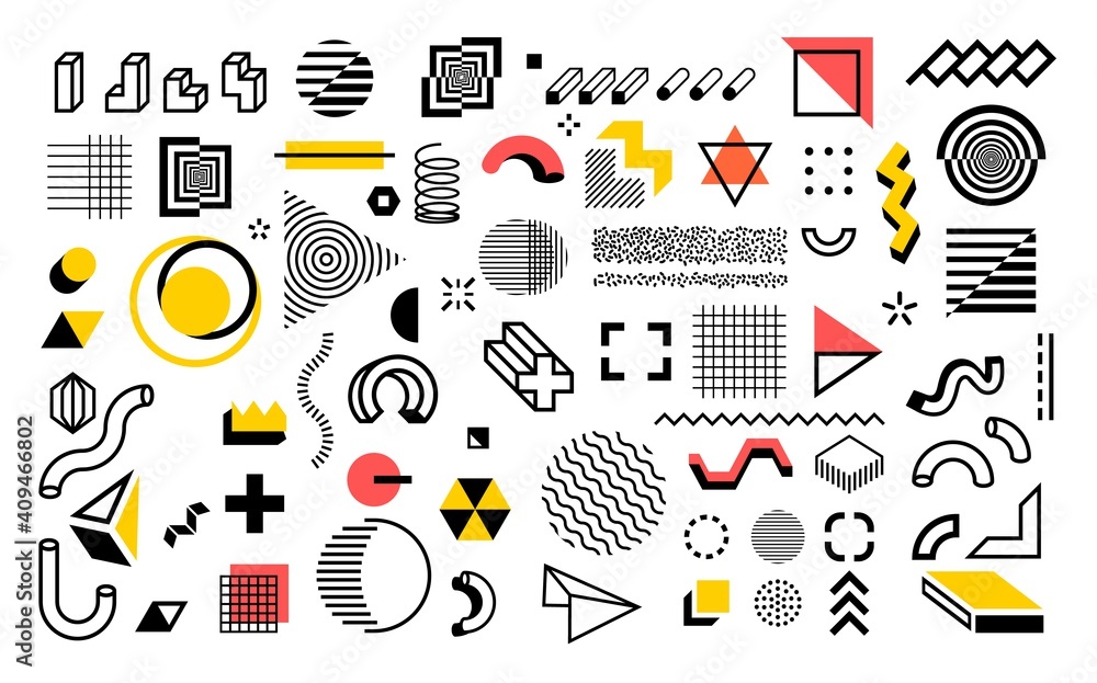 Poster Abstract geometric shapes. Modern line memphis graphic elements. Decorative background with minimal lines and halftone figures. Composition of outline hatching forms or dots. Simple contour vector set