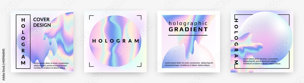 Poster hologram social banners. square rainbow foil abstract geometry violet shapes, holographic neon trend