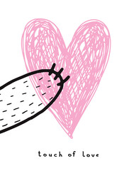 Touch of Love. Cute Hand Drawn Vector Illustration for Dog and Cats Lovers. Pink Heart with Black Paw Isoalted on a White Background. Funny Print with Heart and Paw Ideal for Card, Poster, Wall Art.