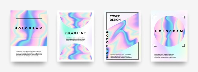Pearlescent posters. Abstract holographic rainbow metal gradient, violet and pink hologram geometric shapes. Vector iridescent effect 90s mesh horizontal minimalist background set with copy space - obrazy, fototapety, plakaty