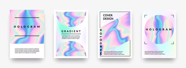 Foto op Plexiglas Pearlescent posters. Abstract holographic rainbow metal gradient, violet and pink hologram geometric shapes. Vector iridescent effect 90s mesh horizontal minimalist background set with copy space © SpicyTruffel