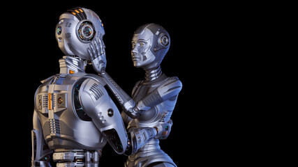 Fototapeta premium 3d render of two detailed cyborgs man and woman or futuristic humanoid robots touching each other with passion and love showing their human sentiments. Isolated on black with copy space for text