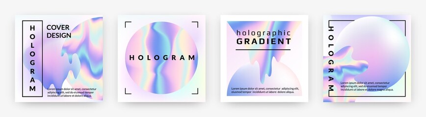 Hologram social banners. Square rainbow foil abstract geometry violet shapes, holographic neon trendy minimal square pearlescent posters with metal gradient futuristic collection. Vector 90s style set