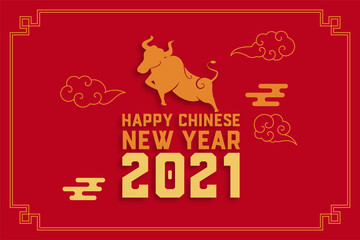 2021 Happy chinese new year with ox on red background.