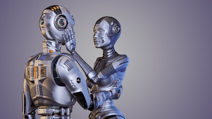 3d render of two detailed cyborgs man and woman or futuristic humanoid robots touching each other with passion and love showing their human sentiments. Isolated on color with copy space for text