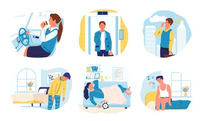 Drowsiness. Cartoon men and women want to sleep. Isolated scenes of bored exhausted people. Sleepy characters at home and work or in transport. Difficult awakening in morning, vector yawning persons