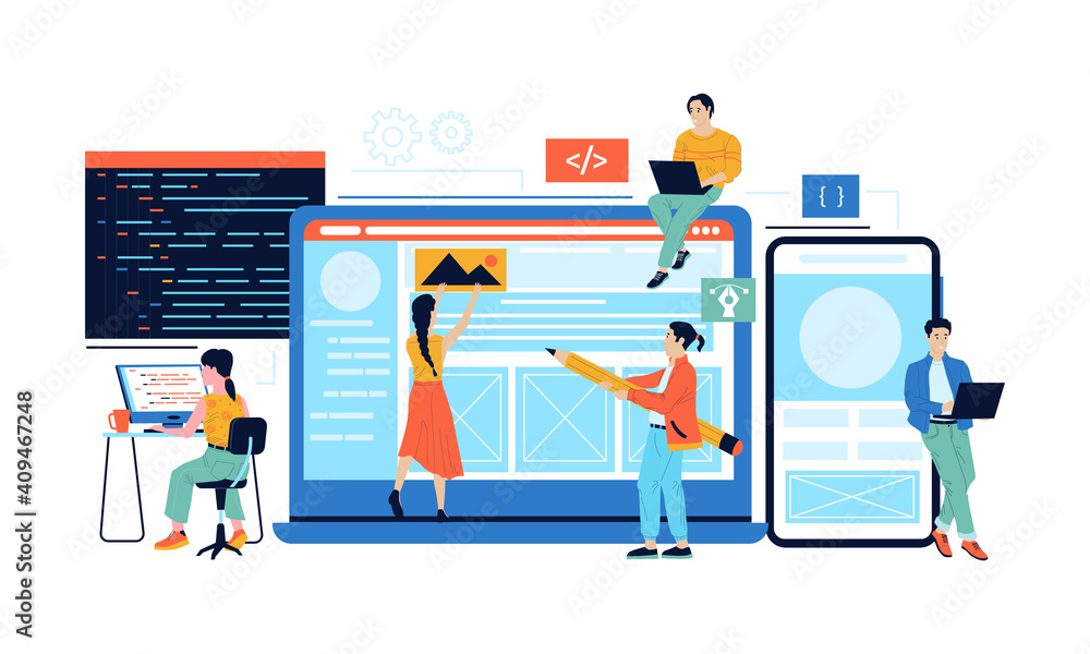 Leinwandbilder App development. Web page content management. Project coding and programming concept. Cartoon team of workers creating internet service for computers and mobiles. Vector working programmer designer