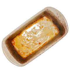 Baking tray with burnt on grease and oil isolated on white background flat lay view