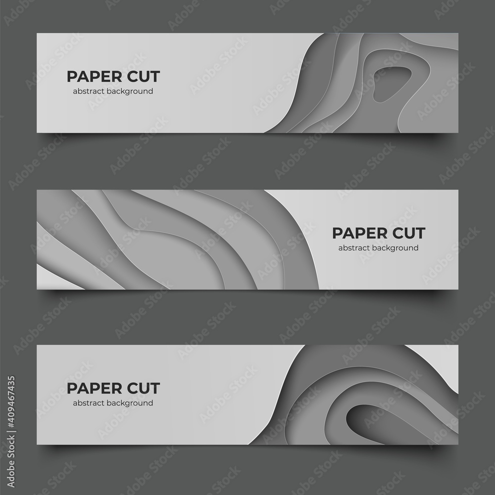 Poster paper cut horizontal banners. abstract 3d flyers. grey origami multilayer shapes and copy space. dec
