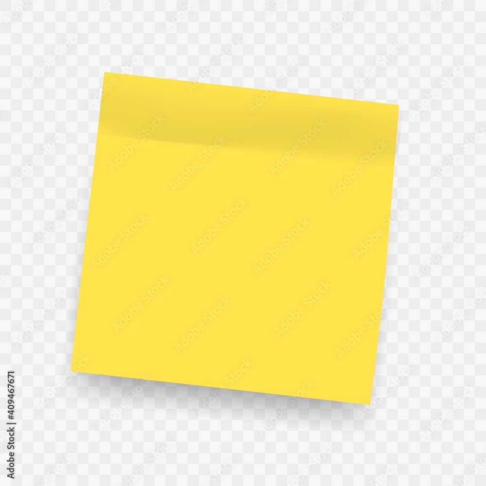 Poster Yellow realistic sticky notes. Square post not with soft shadow isolated on transparent background. Vector message on notepaper, bright office stationery, memo blank, empty list reminder with glue