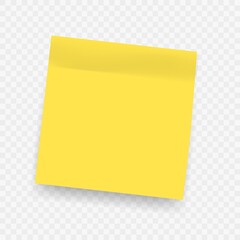 Yellow realistic sticky notes. Square post not with soft shadow isolated on transparent background. Vector message on notepaper, bright office stationery, memo blank, empty list reminder with glue