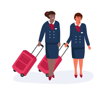 Air hostess. Cartoon stewardess with luggage. Standing women in uniform. Aircrew accompanies plane flight. Career and professional occupation concept. Vector airport employees with suitcases on wheels