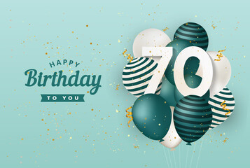Happy 70th birthday with green balloons greeting card background. 70 years anniversary. 70th celebrating with confetti. Vector stock