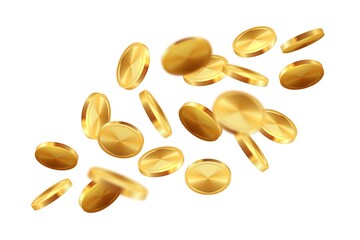 Golden falling coins. Realistic jackpot concept. 3D flying gold money. Mockup of casino symbol and lucky win. Isolated shiny metal cash for savings, blank monetary template. Vector illustration