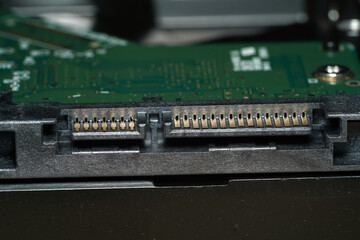 Serial ATA or sata connector close up shot.This photo contains noise and grain.
