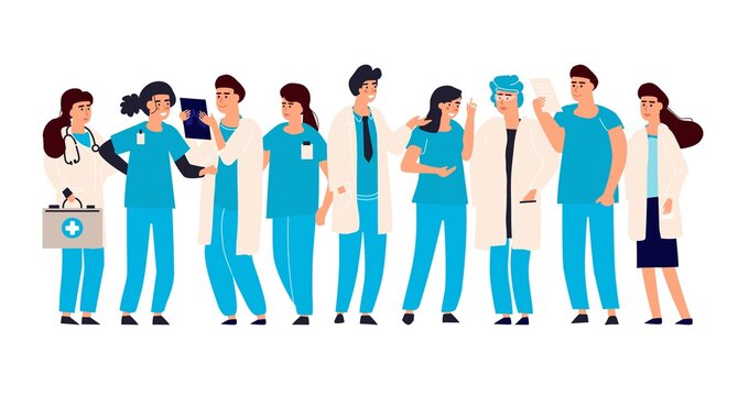 Doctor nurse set. Vector male and female hospital staff. Medical team doctors and nurses, therapist and surgeon in uniform standing, medicine profession occupation, cartoon isolated illustration