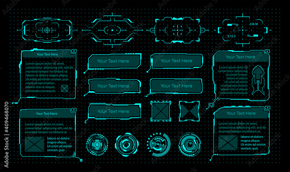 Aufkleber HUD elements. Cyberpunk virtual game interface. Modern neon frames with copy space, round viewfinders and radars or weapon sights. Digital dashboard isolated templates set. Vector hologram VR UI panel