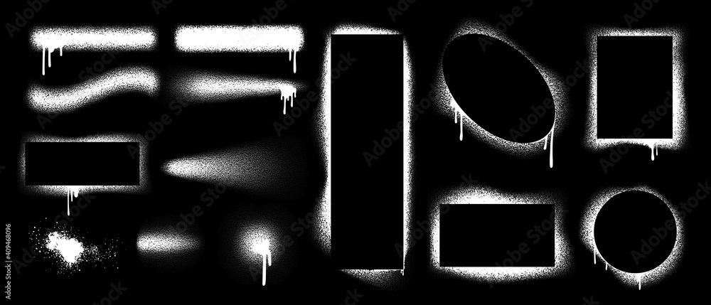 Aufkleber spray brush border. stencil graffiti shapes. grunge airbrush texture. isolated square and round inky